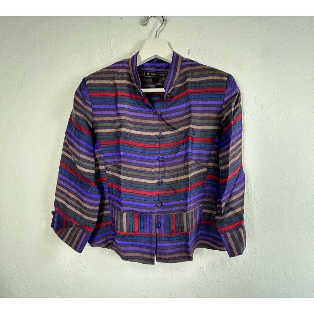 Christian Lu Womens Striped Silk Mandarin Collar Blouse Top/Jacket Size 1 Purple